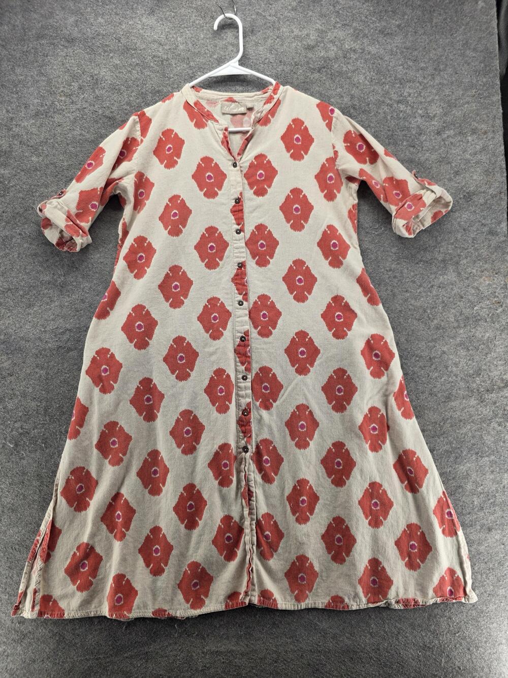 Utsa Dress Womens XL Beige Floral A-Line Shirt Dress Midi Cotton Spandex